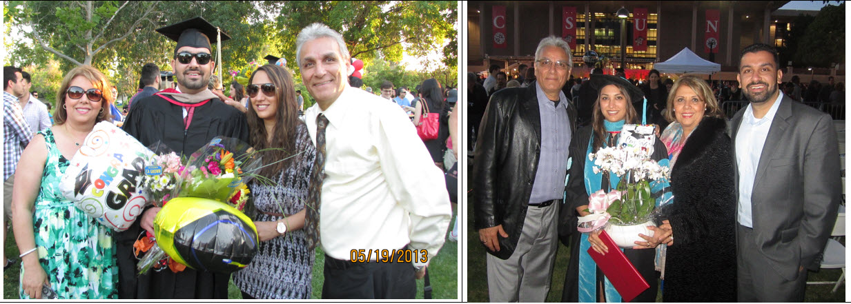 Shayan and Shandiz Kamrava at their graduation celebrations in 2013 and 2015